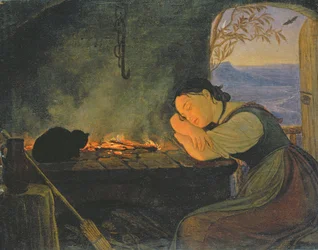 Meisje slapend bij het vuur, 1843